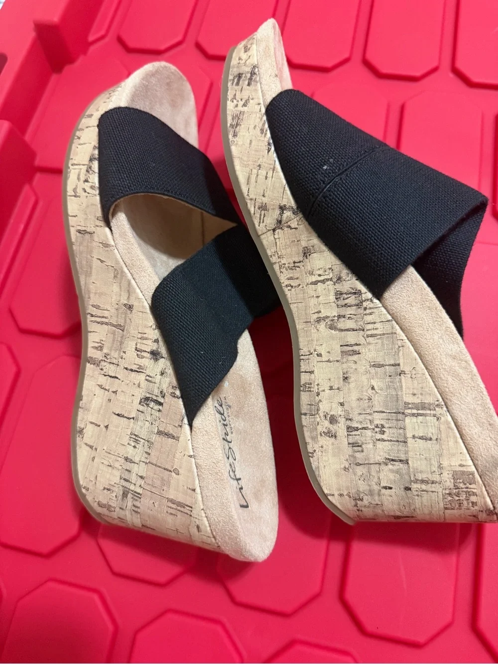 Life Stride Black Cork Double-Band Wedge Sandals